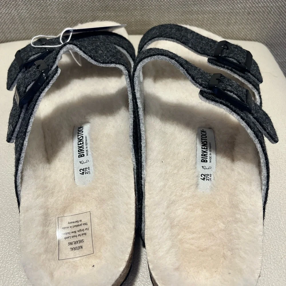 Birkenstock Arizona Rivet Wool Felt Shearling Charcoal Sandals Men’s 42